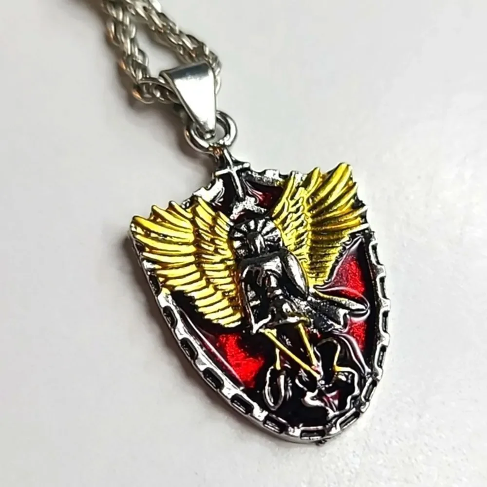 Saint Michael Shield Necklace Archangel Pendant Protection Stainless Steel 24